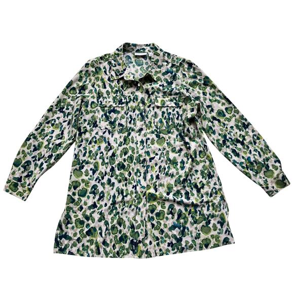 Susan Graver Liquid Knit Collared Button-Up Blouse Size M Green Print - Picture 1 of 7